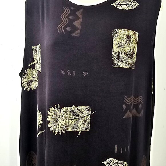 Es Se Stretch Nylon Knit Black Maxi Dress Plus 1XL Gold Foral Print Slveless 90s - Picture 4 of 11
